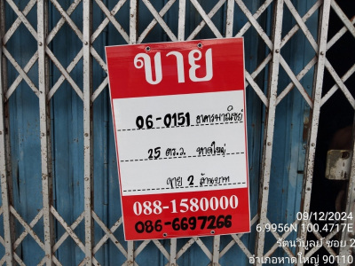 อาคารพาณิชย์  ตึกแถวชั้นเดียว มีชั้นลอย ซ.ซอย 2 ถ.รัตนวิบูลย์  24 หาดใหญ่ หาดใหญ่ สงขลา เนื้อที่ 25 วา